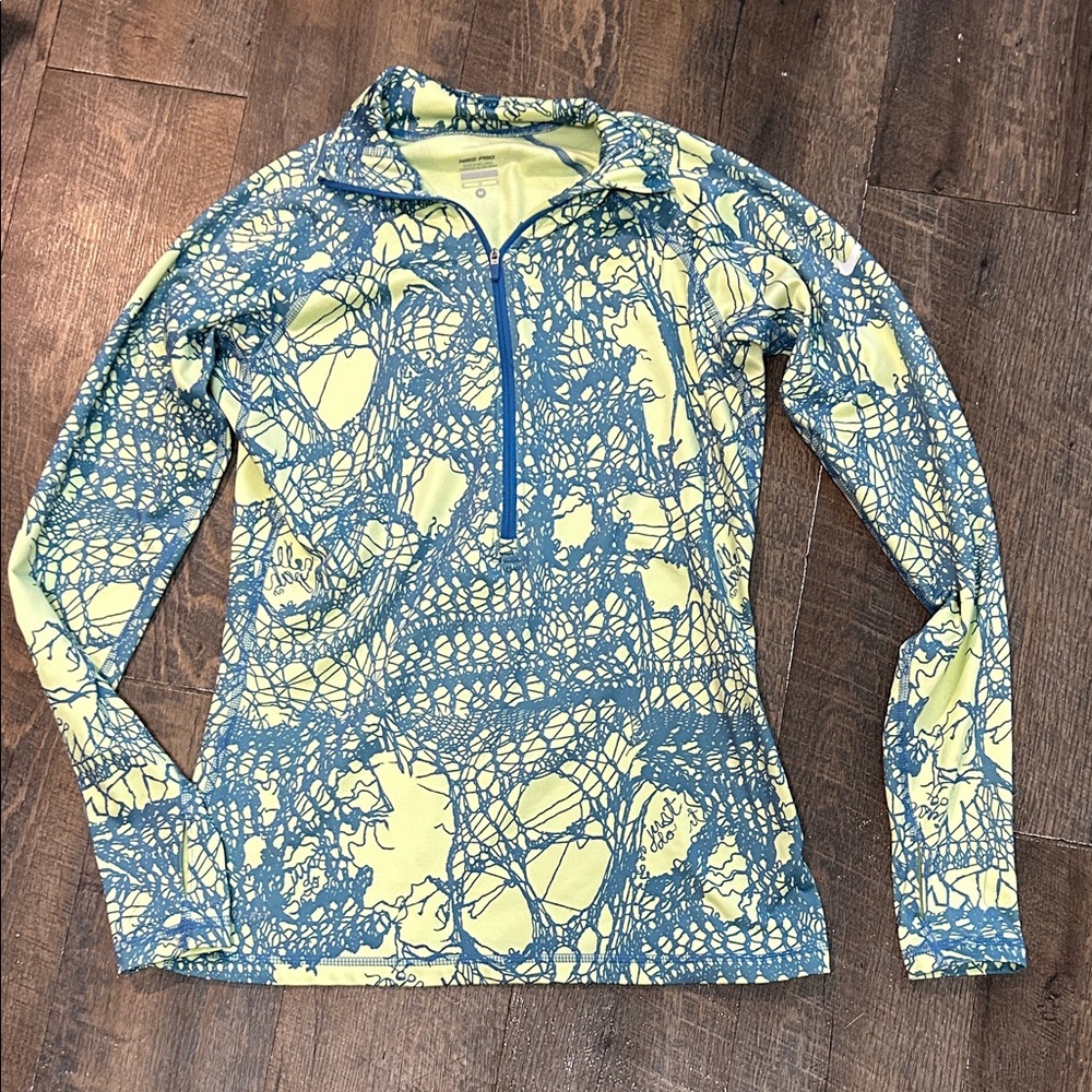 NIKE Pro Half Zip Pullover Womens‎ Medium Yellow Blue Lace Hyperwarm Long Sleeve